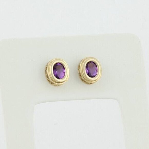 10k Yellow Gold Natural Amethyst Earrings Stud Post - Picture 1 of 8